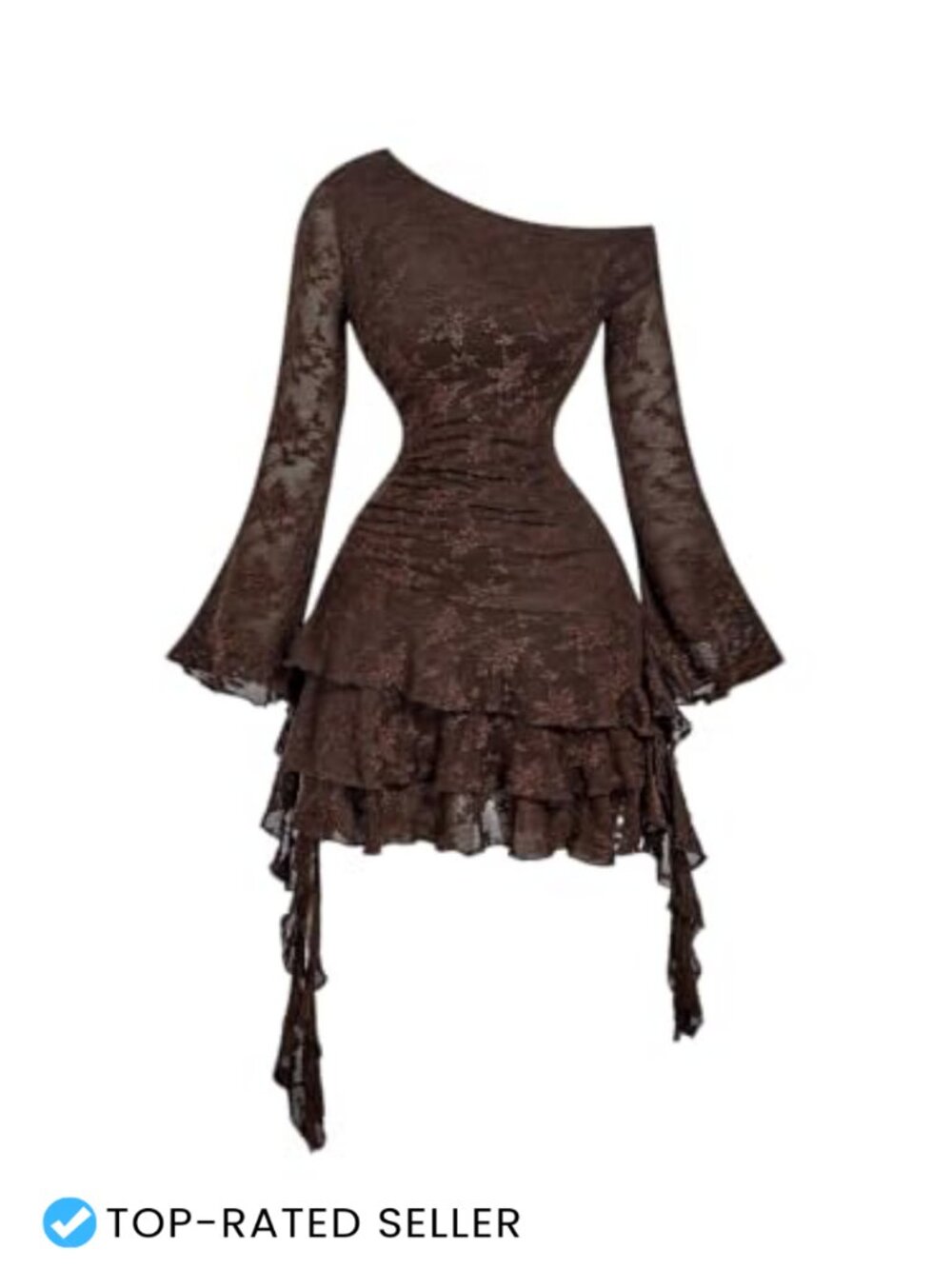 Women's Off Shoulder Lace Jacquard Ruffle Mini Dress Long Sleeve